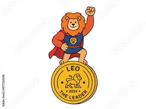 Cartoon Lion Superhero Standing on Gold Coin.