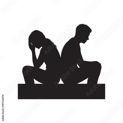 Silhouette of a Couple Sitting Back to Back on a Ledge Looking Downcast on a White Background