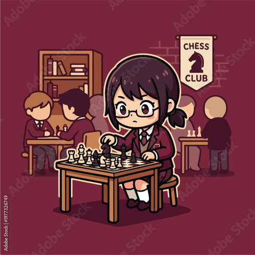 Girl playing chess game.