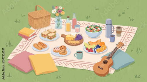 Cozy summer picnic spread with food drinks and ukulele on grass
