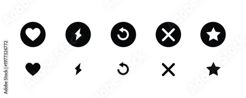 Dating app interface icons set with heart, lightning, refresh, cross, and star symbols. Black circular buttons and flat silhouettes for social media and match-making apps. Vector Illustration.