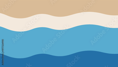 Abstract wavy beach background with blue sea waves and sand. Minimalist summer vacation backdrop for travel posters and coastal nature designs. Vector Illustration.