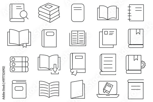 Book line icon big set. Library, diary, open book, pages, bookmark, magazine, e book etc. Editable stroke