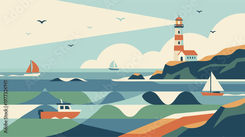 Coastal landscape with lighthouse, boats, and seagulls in flat graphic design