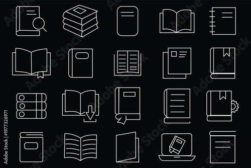 Book line icon big set. Library, diary, open book, pages, bookmark, magazine, e book etc. Editable stroke