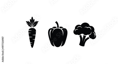 Black silhouettes of a carrot pepper and broccoli on white background