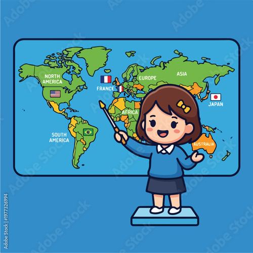 Girl pointing at world map.