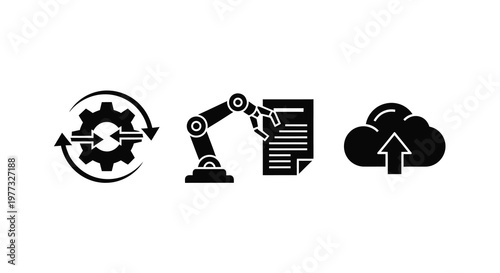 Automation icons depicting gears robotics data and cloud technology silhouette