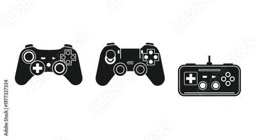 Three gaming controllers displayed in a minimalist black silhouette