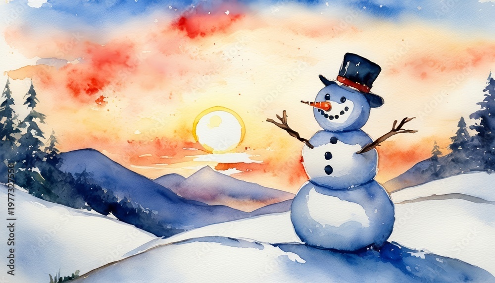 Obraz premium watercolor Snowman on hill with sunrise