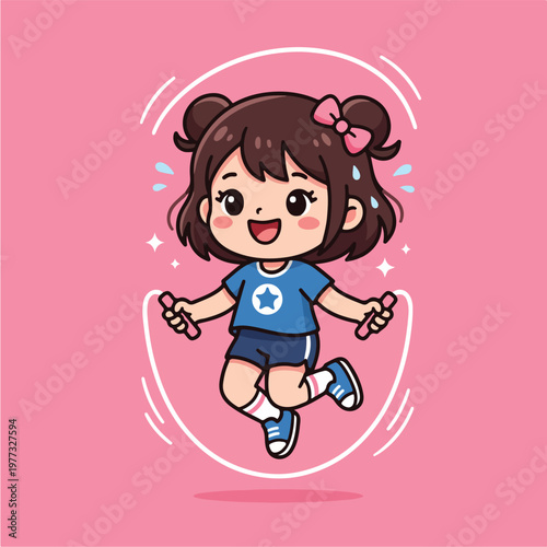 Happy little girl jumping rope.