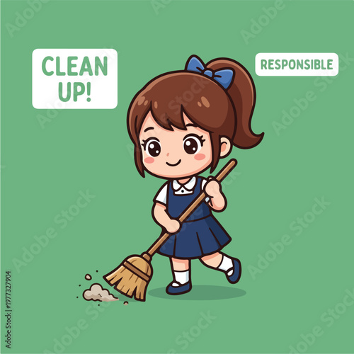 Little girl cleaning with broom.