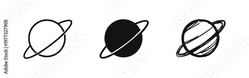 Saturn Planet with Rings Icons Set in Outline Solid and Hand Drawn Styles for Space Design