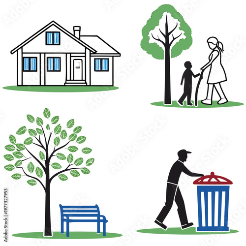 A vector graphic illustration of a neighborhood scene with a house, tree, park bench, and people engaging in community activities.