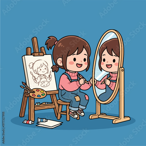 Little Girl Drawing Self Portrait.
