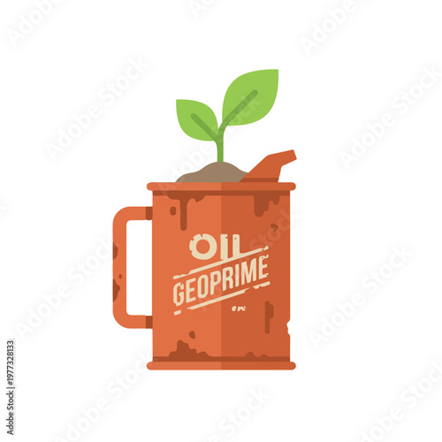 Green Plant Sprout Growing Rusty Oil Can Vector