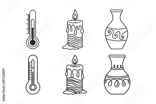 Black and white line art collection thermometers candles and vases