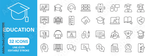 Education Line Icons Set Learning School University Online Course Study Outline Icons Collection UI UX Web App Editable Stroke