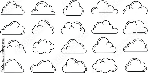 Set of various outlined cloud vector icons on transparent background for weather and climate related designs.