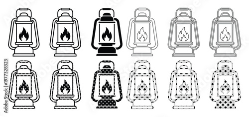 Vintage camping lantern icons set, 12 kerosene lamp vector illustrations, rustic oil lantern line art, outdoor adventure lighting equipment