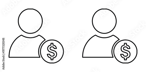 Minimalist investor line icon set, black outline human profile with dollar sign coin, financial account user vector graphics for business apps