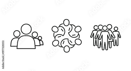 Line art icons depicting groups of people in various arrangements silhouette