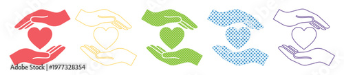Colorful charity icon set with hands holding hearts, community care and support vector symbols, diverse volunteer and donation graphics for non-profit organizations