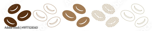 Minimalist coffee bean vector icons, roasted brown coffee seeds in various styles, flat and outline coffee bean graphics for cafe branding
