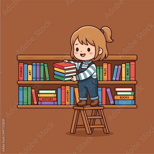 Little Girl Reaching Bookshelf.