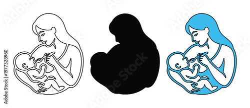 Breastfeeding mother icons set, nursing woman and baby silhouettes, maternal healthcare vector graphics for lactation support and parenting
