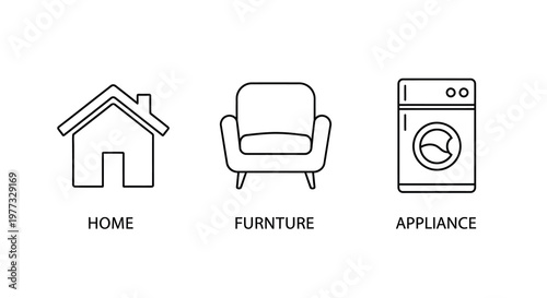 Simple line drawing of a house chair and washing machine silhouette
