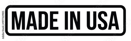 Made in USA label vector, minimalist black and white American product stamp, industrial manufacturing sign for packaging and shipping