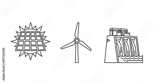 Renewable energy sources depicted as simple line art silhouette