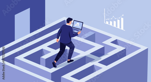 Businessman Navigating Maze with Laptop in Hand.