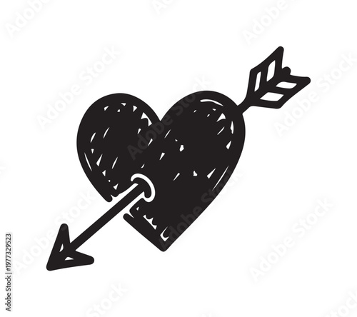 Hand Drawn Black Heart Pierced by Arrow Symbol.