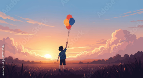 Child Holding Colorful Balloons at Sunset.