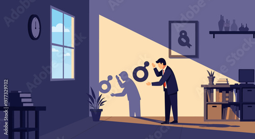 Man and Woman Examining Magnifying Glass Icons.