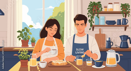 Man and Woman Cooking Together in Kitchen.