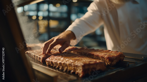 Plant-based protein extrusion process filmed over the shoulder of a food engineer adjusting moisture settings on a touch panel, textured meat analog emerging from the die plate, steam visible, perfe