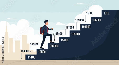 Man climbing stairs with financial data.