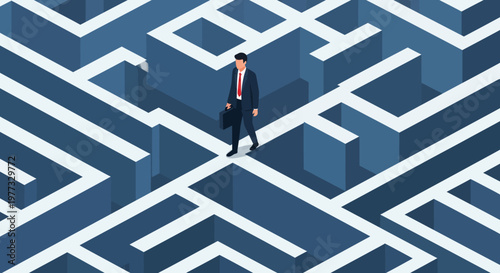 Man in Suit Standing in Complex Maze.