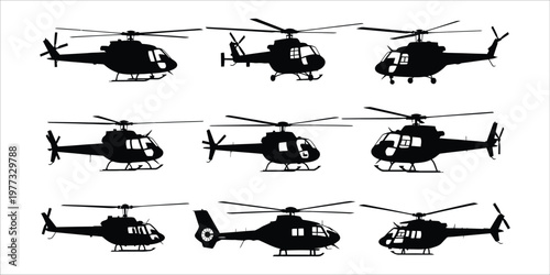 Nine silhouettes of helicopters a vector illustration for aviation and transportation