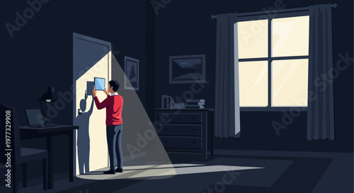 Man Standing Near Open Doorway in Dark Room.