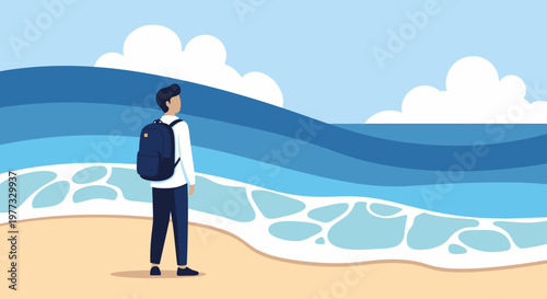 Man Standing on Beach with Backpack.