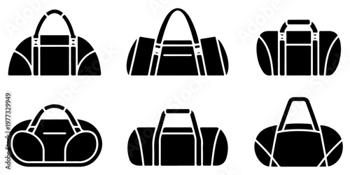 Set of duffel and travel, sports bag icons in bold black silhouette style featuring different shapes for luggage fitness and sports gear concepts