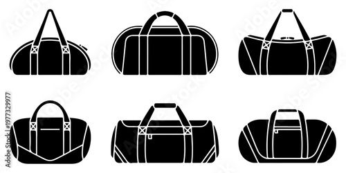 Set of duffel and travel, sports bag icons in bold black silhouette style featuring different shapes for luggage fitness and sports gear concepts