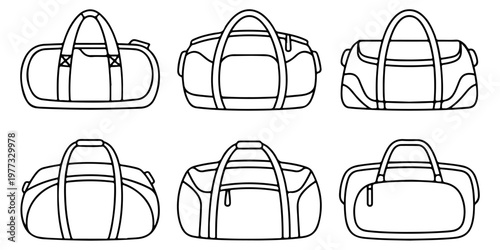 Set of duffel and travel, sports bag icons in bold black silhouette style featuring different shapes for luggage fitness and sports gear concepts