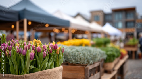 Wide establishing shot of a spring farmers market in full morning activity, vendors arranging tulip bundles and potted herbs under white canopies, shoppers moving between stalls, soft diffused overc