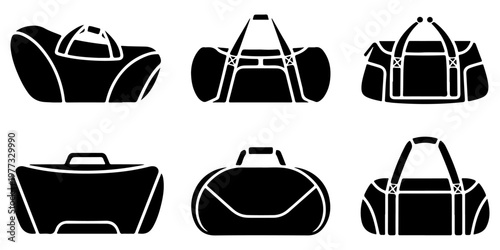 Set of duffel and travel, sports bag icons in bold black silhouette style featuring different shapes for luggage fitness and sports gear concepts