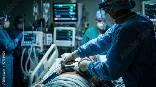 Life Support Treatment in ICU with Medical Equipment and Staff